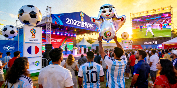 2022年世界杯大型户外体育营销活动现场，人群聚集在品牌展台前