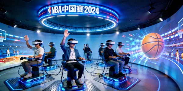 NBA中国赛数字互动体验馆内部，球迷正在使用VR设备体验比赛